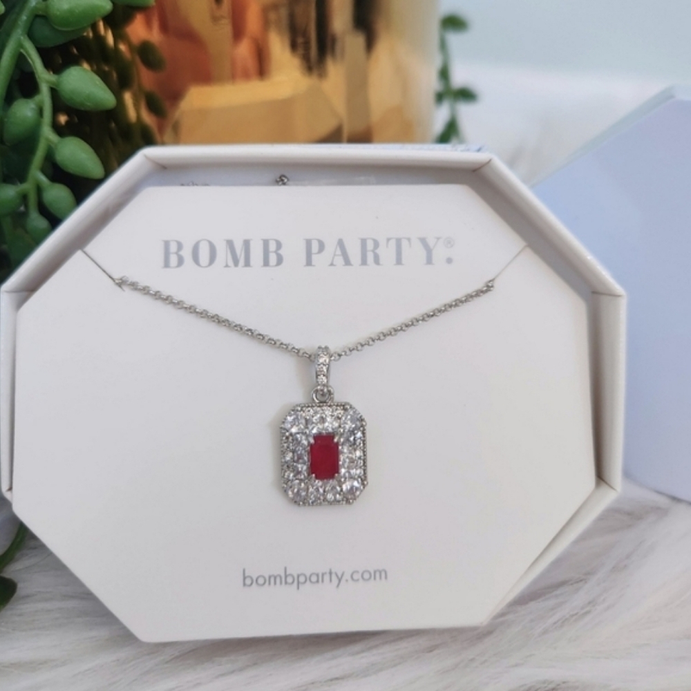 NWT Bomb Party Ruby Fused with Genuine Quartz Rhodium Plated 18" Necklace